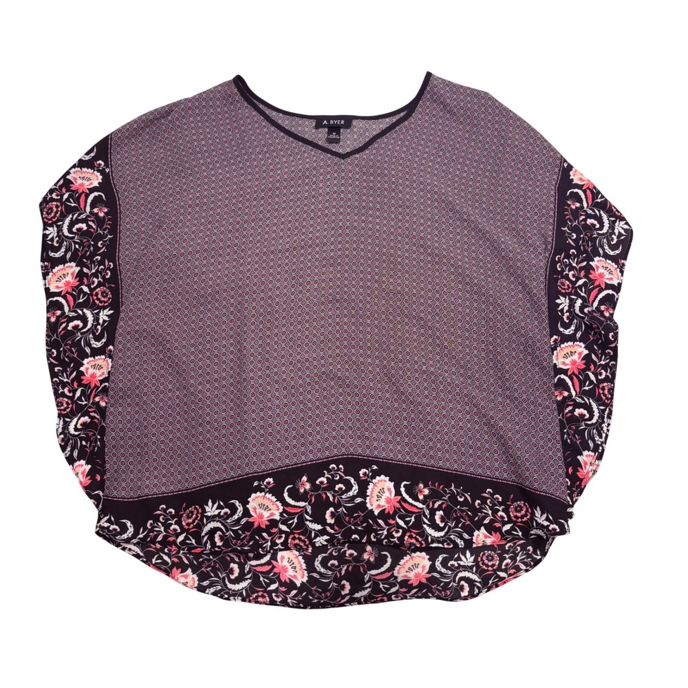 A. Byer Womens Pink Black Geometric Floral V-Neck Dolman Blouse Top‎ Size M